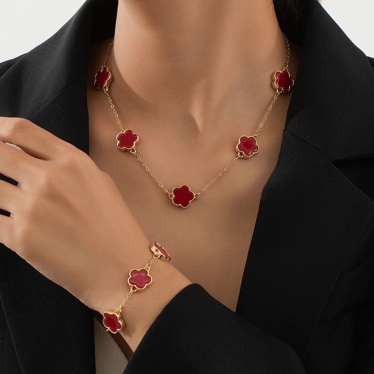 Elegant Red Five-Leaf Clover Jewelry Set for Women by Planderful