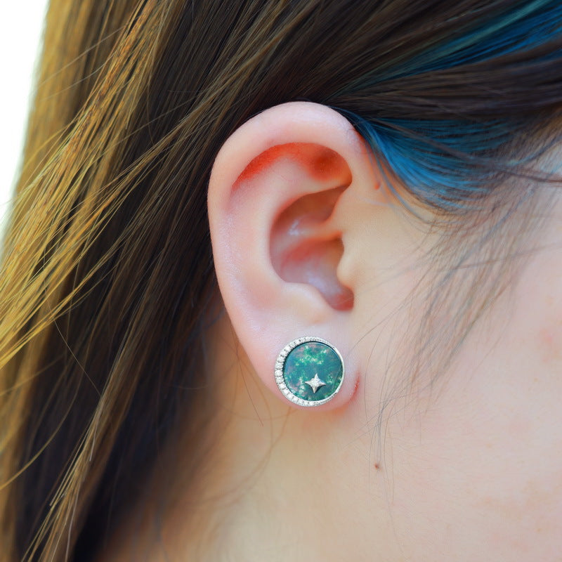 S925 Sterling Silver Moss Agate Minimalist Stud Earrings