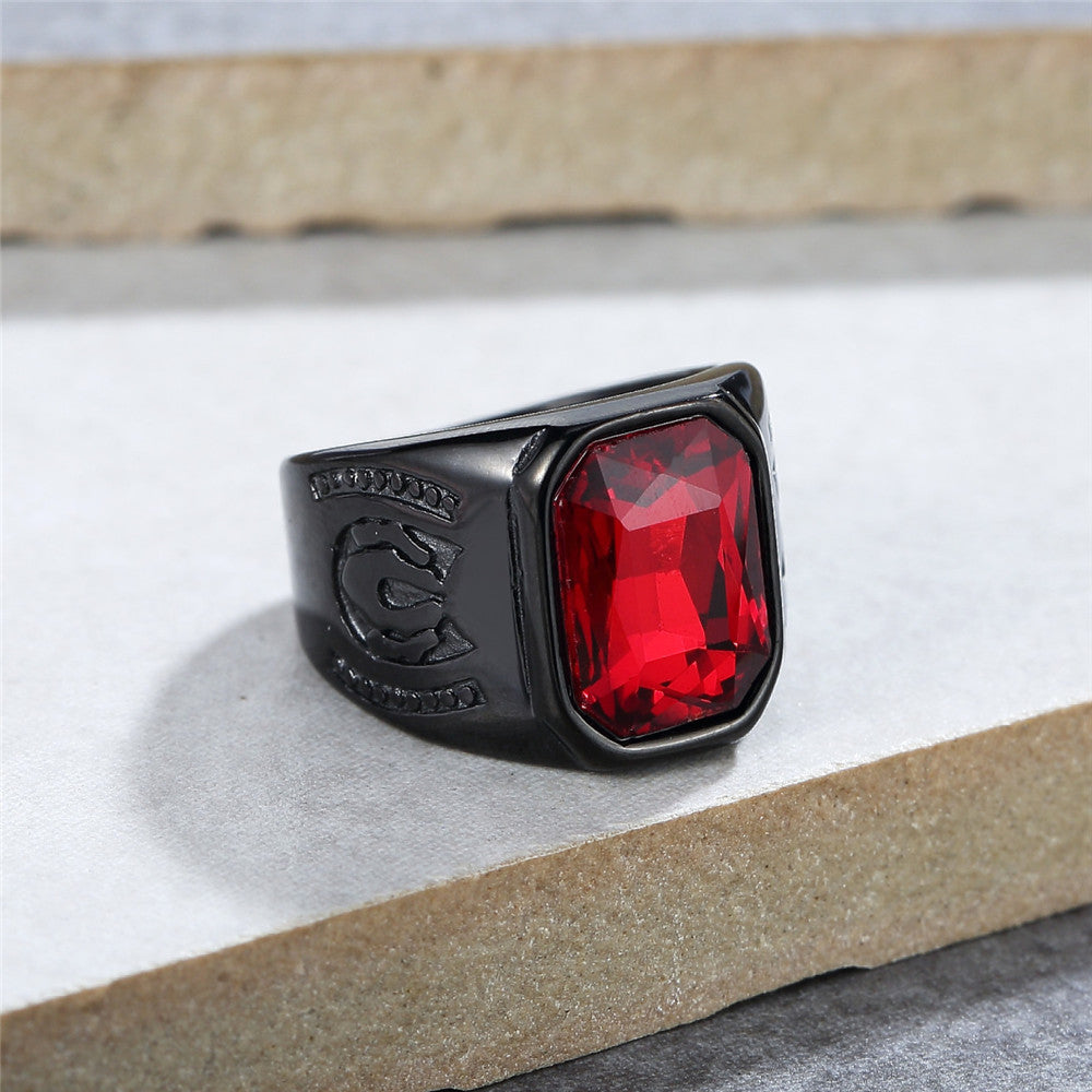 Planderful Titanium Steel Ring For Men And Unisex Personalized Retro Black Red Zircon Protection Statement