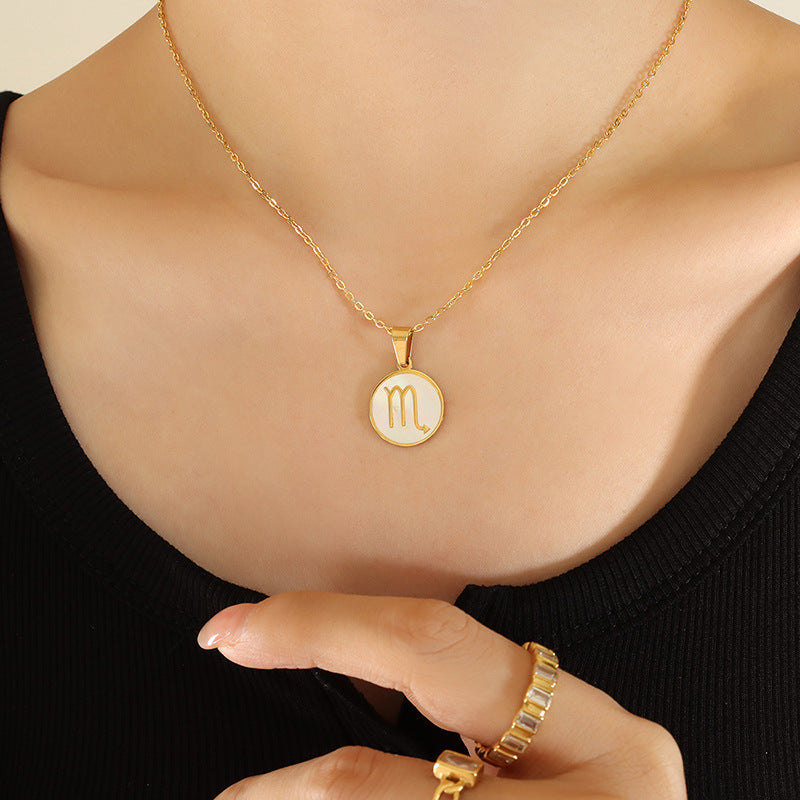 Celestial Zodiac Necklace Set with White Sea Shell Pendant - Titanium Steel Gold Plated Women's Jewelry