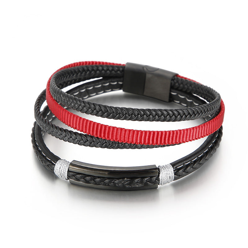Planderful Titanium Steel Men Bracelet Multi Layer Cowhide