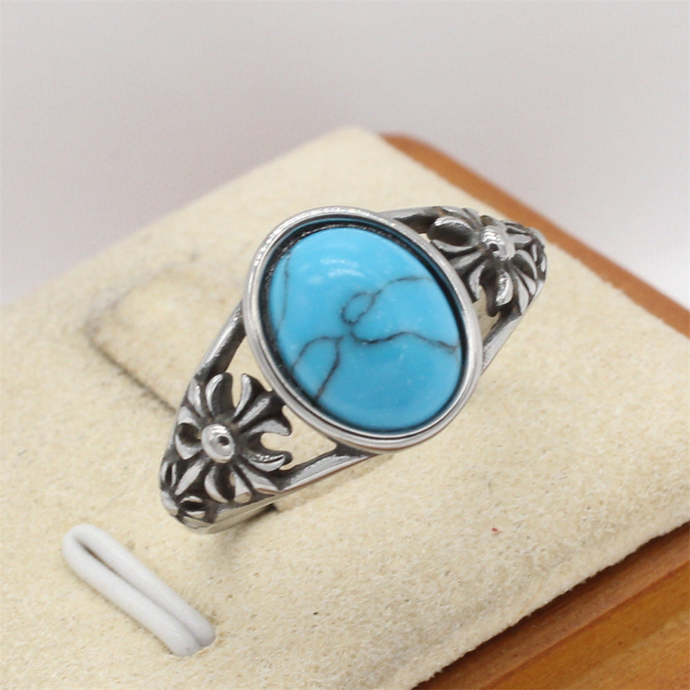 Planderful Titanium Steel Ring For Men Unisex Retro Cross Flower Oval Stone Durable
