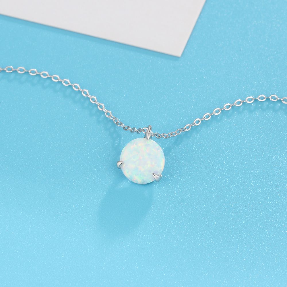 Planderful Jewelry Elegant Round White Opal Sterling Silver Pendant Necklace for Women