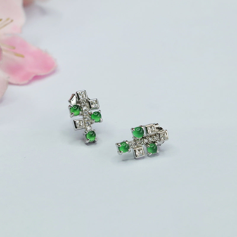 Icy Green Jadeite Cabochon 925 Silver Stud Earrings