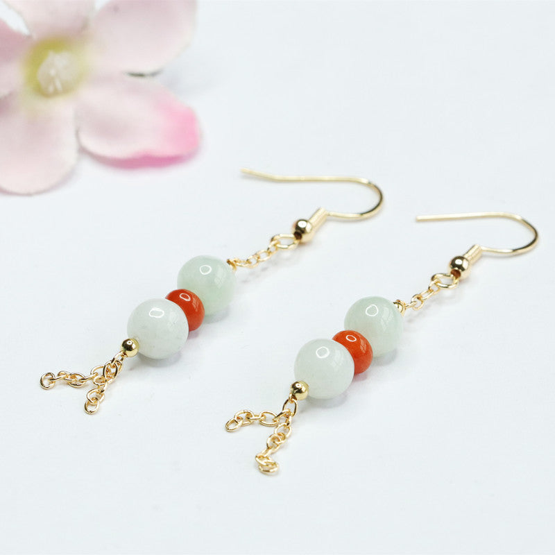 Jadeite Round Bead Tassel Hook Earrings