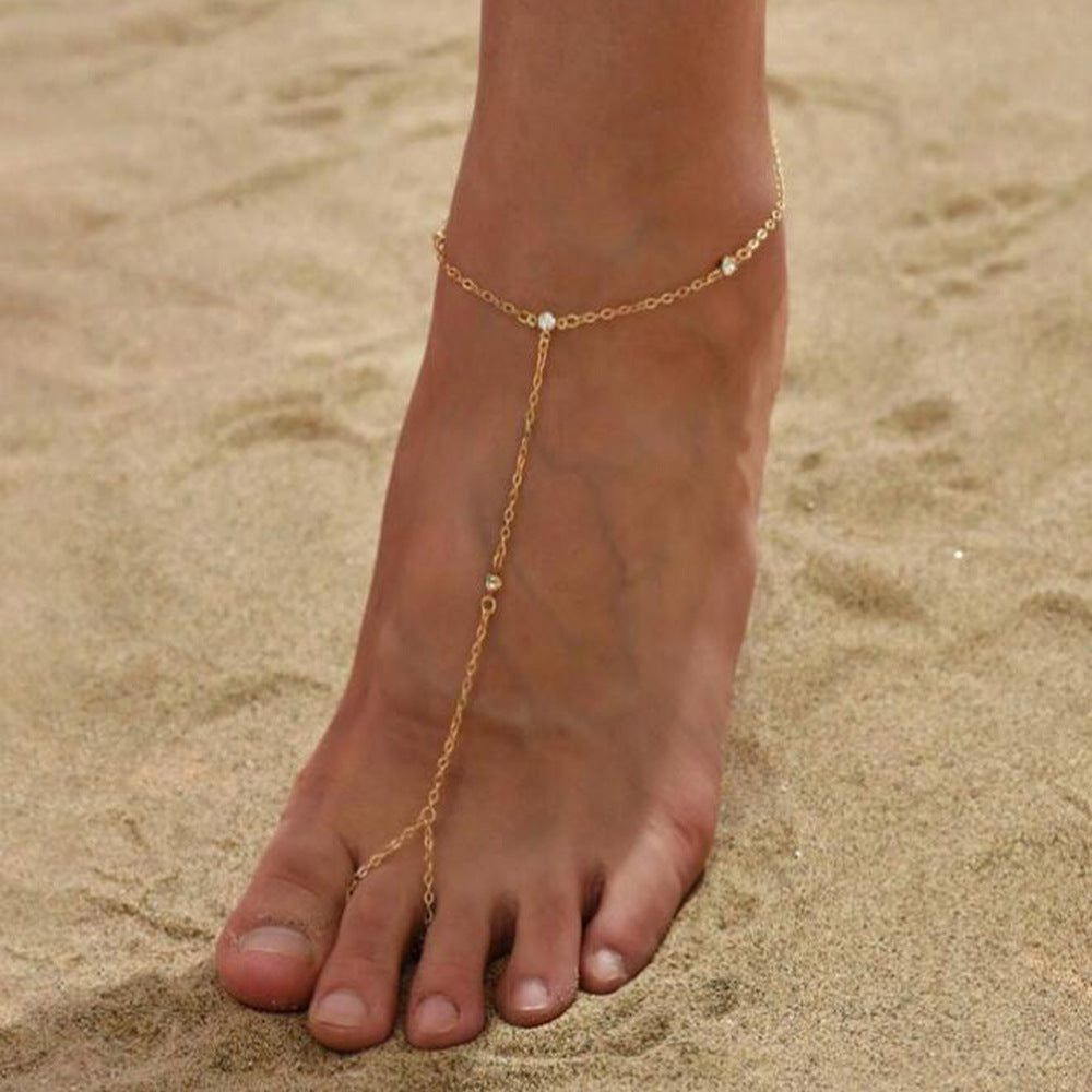 S925 Sterling Silver Gold Round Bead Zircon Toe Anklet Beach Anklet Bracelet