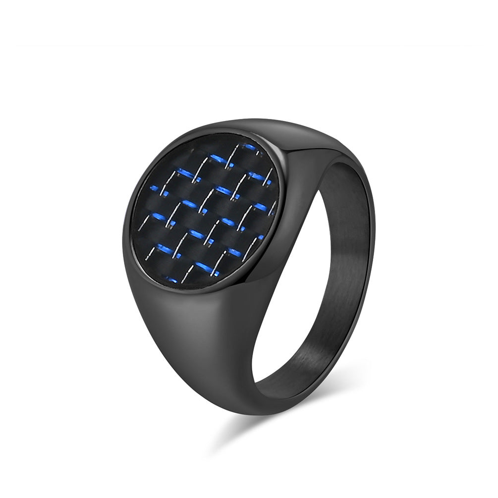 Planderful Carbon Fiber Inlaid Steel Ring For Men With Luxury Geometric Round Design Everyday Genie Collection