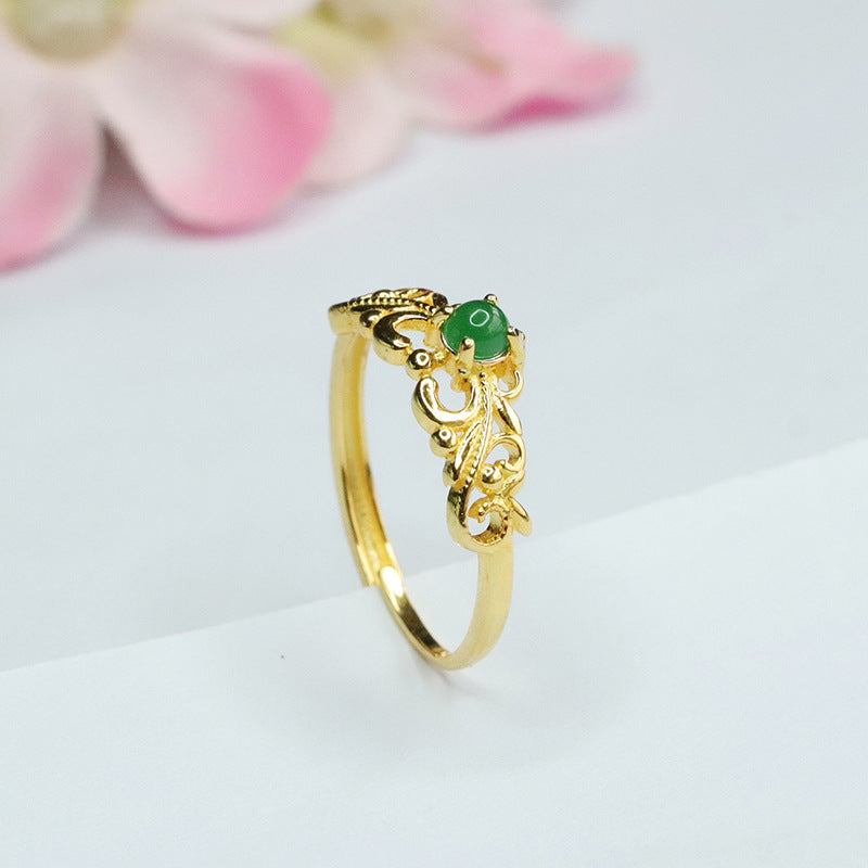 Sterling Silver Ring with Natural Ice Emperor Green Jade and Vine Leaf Hollow Design