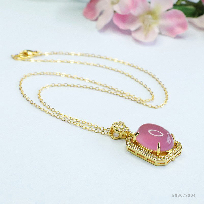 Pink Chalcedony Oval Plaque Pendant — No Chain