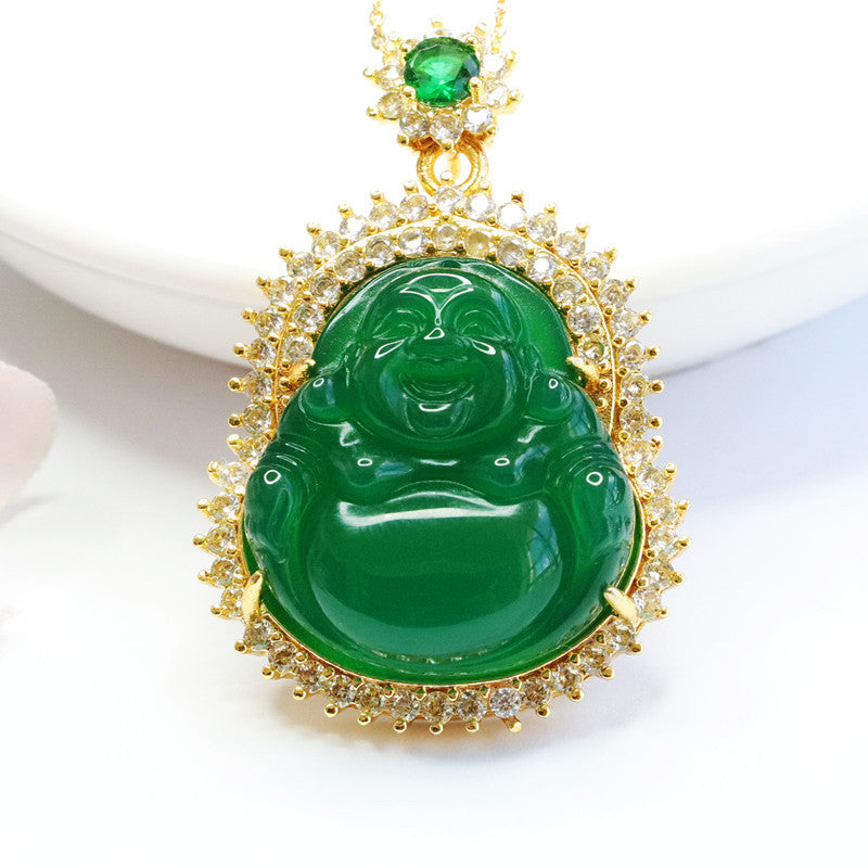 Green Chalcedony Buddha Pendant Sterling Silver Necklace with Zircon Accents