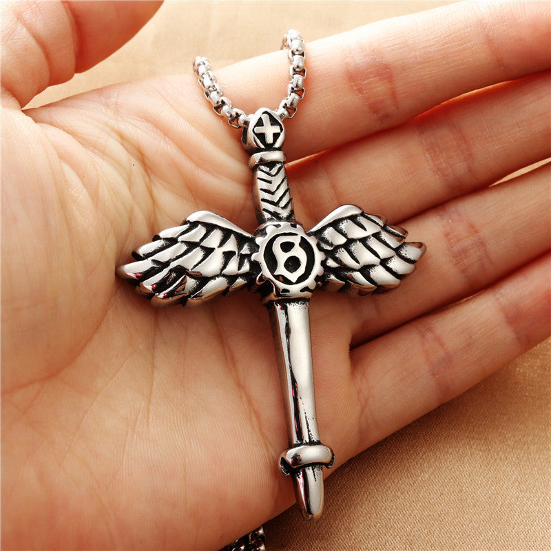 Titanium Steel Winged Sword Cross Pendant Necklace for Men - Retro Punk Style