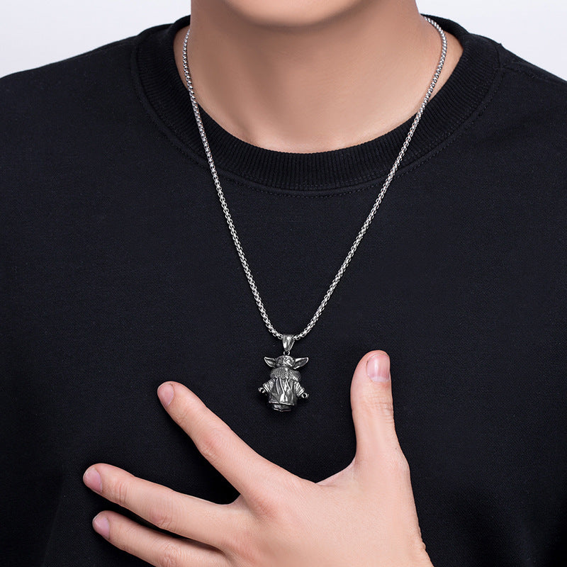 Steel Necklace - Statement Hip Hop Amulet With Yoda Cartoon Motif From Planderful Everyday Genie