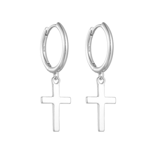Polished Latin Cross Pendant Sterling Silver Hoop Earrings