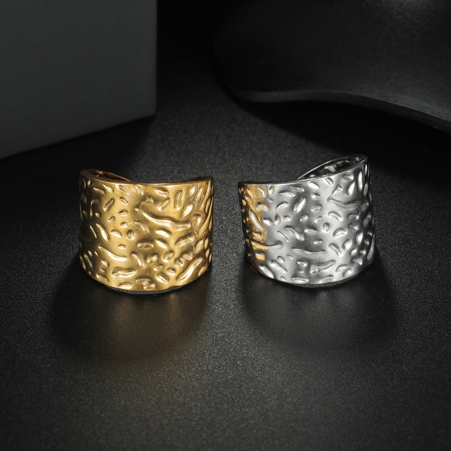 Planderful Stainless Steel Wide Open Ring With Irregular Texture Adjustable Unisex Statement Jewelry For Women And Men