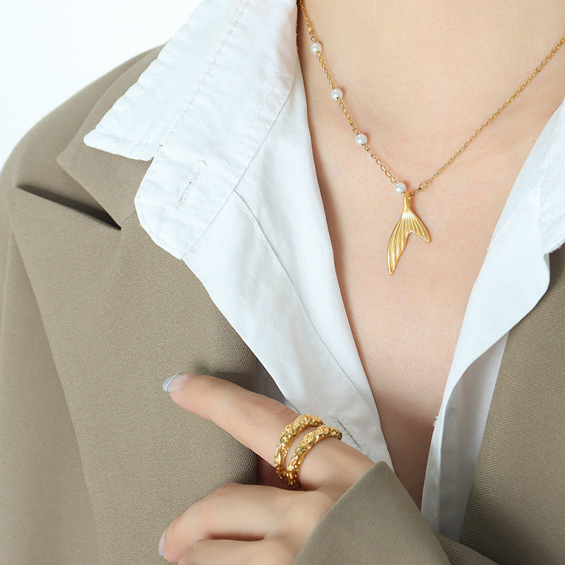 Elegant Mermaid Tail Pendant Necklace with Imitation Pearl - Gold-Plated Beauty