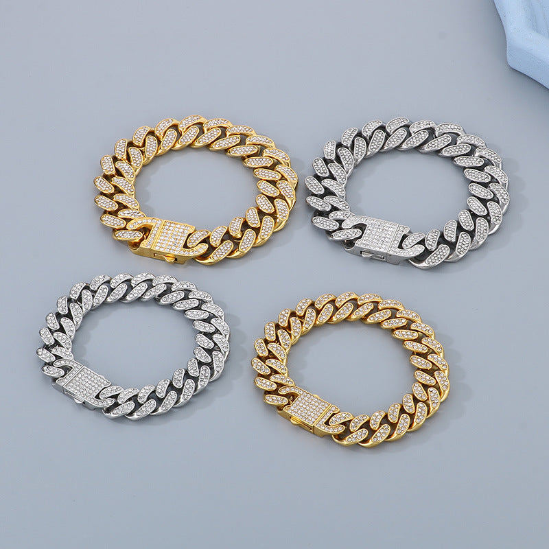 Stainless Steel Cuban Chain Bracelet Set for Men - Hiphop Inspired Jewelry with Full Zircon Accents