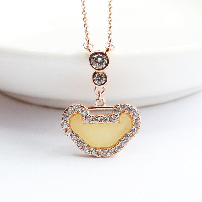 Honey Wax Amber Ruyi Lock Pendant Silver Necklace
