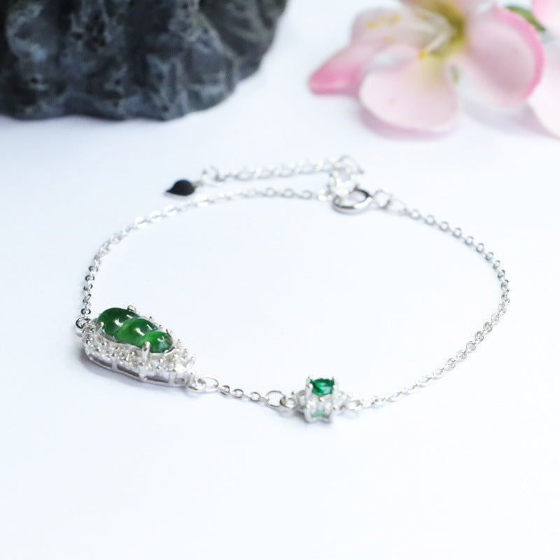 Burmese Jade Sterling Silver Bracelet with Natural Imperial Green Inlaid Ice Jade