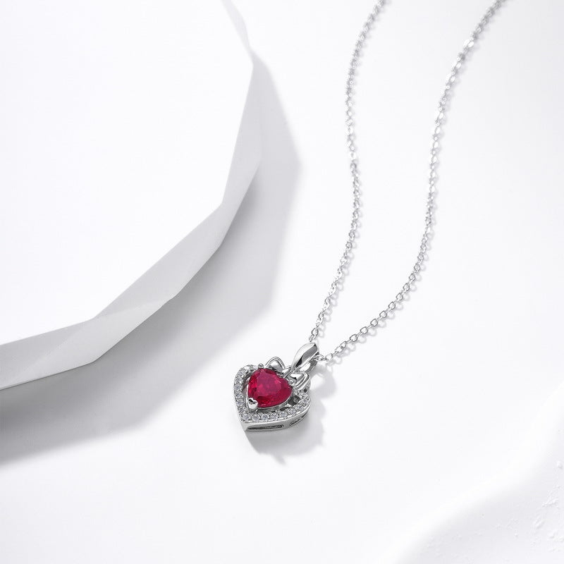 S925 Sterling Silver Gold-Plated Lab-Grown Ruby Heart Pendant Necklace