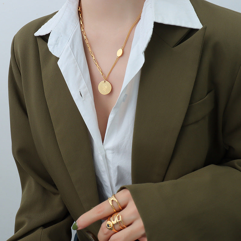 French Chain Portrait Medallion Pendant Necklace with Titanium Steel 18k Gold Plating