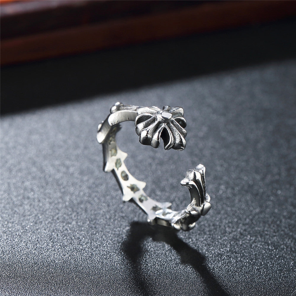 Beading Cross Flower Open Titanium Steel Ring for Men
