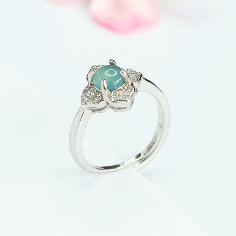 Blue Water Jadeite Prong-Set Four-Petal Flower Ring