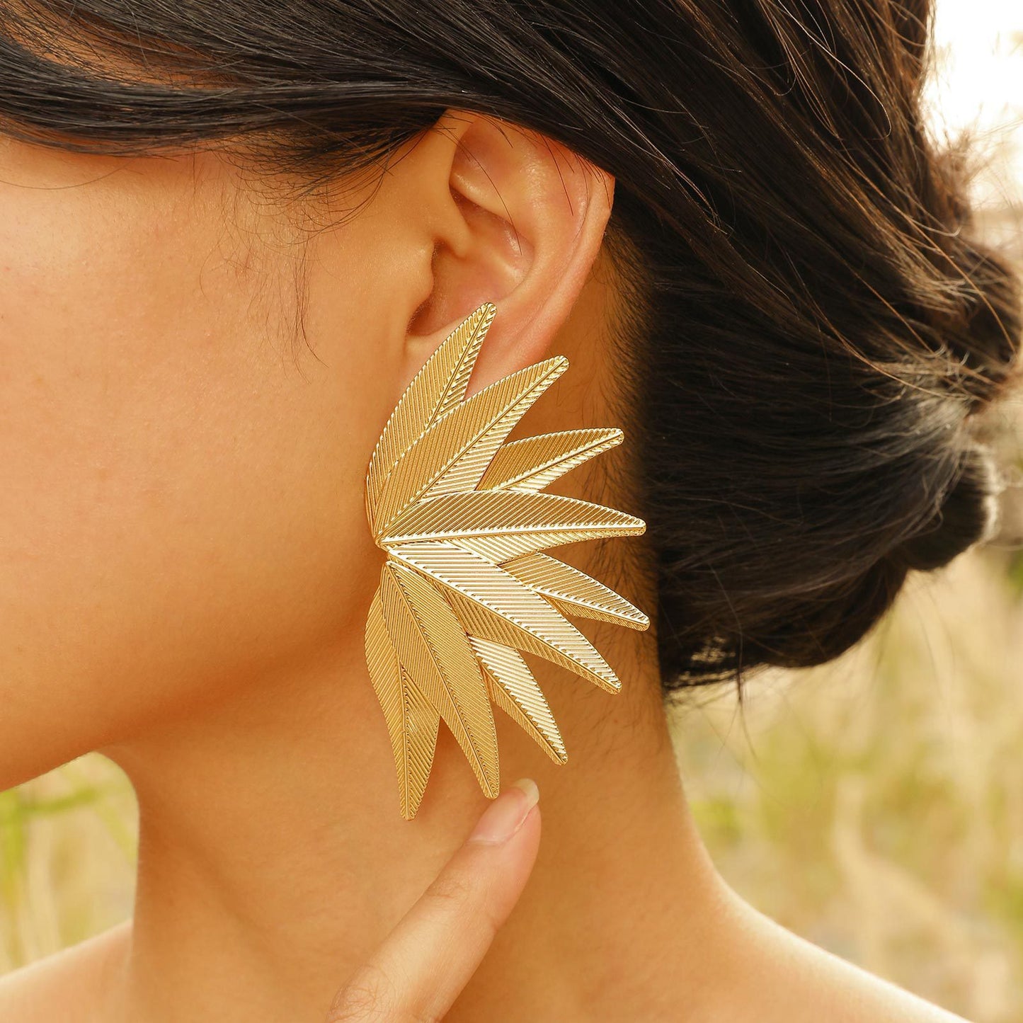 Geometric Leaf 18K Gold Earrings Women's Copper Jewelry