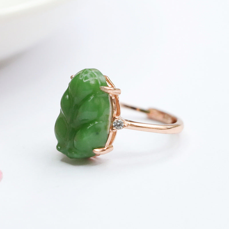 Exquisite Sterling Silver Hetian Jade Jasper Leaf Ring