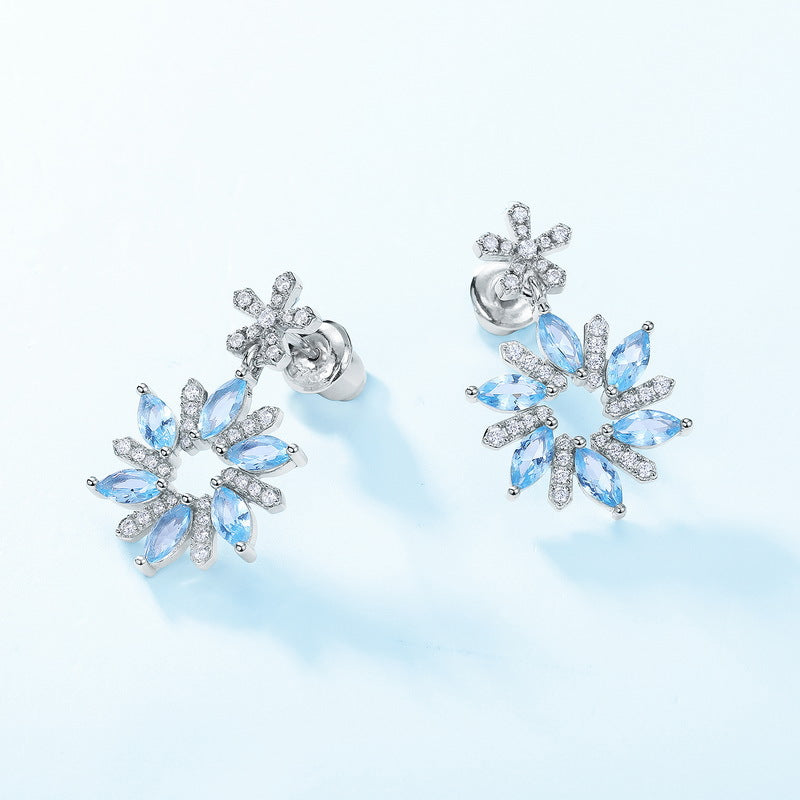 Marquise Shape Blue Zircon Snowflake Pendant Sterling Silver Drop Earrings