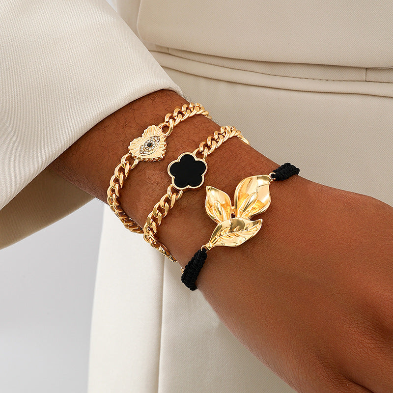 Planderful Vienna Verve Bracelet Set – Fashionable Metal Leaves with Zircon-Encrusted Clover