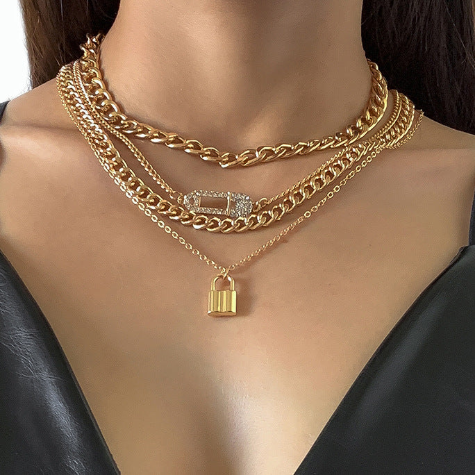 Lock Pin Chain Necklace By Planderful For Women Bold Retro Punk Statement With Stacked Thin Chains Vienna Verve