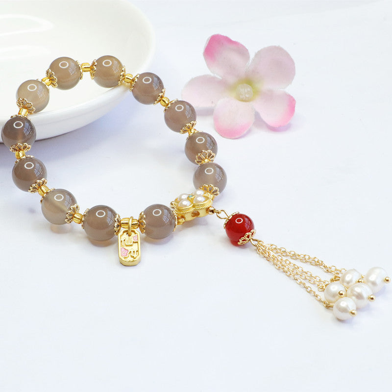Purple Smoke Chalcedony Bracelet with Red Agate Tassel and Pearl Jewelry