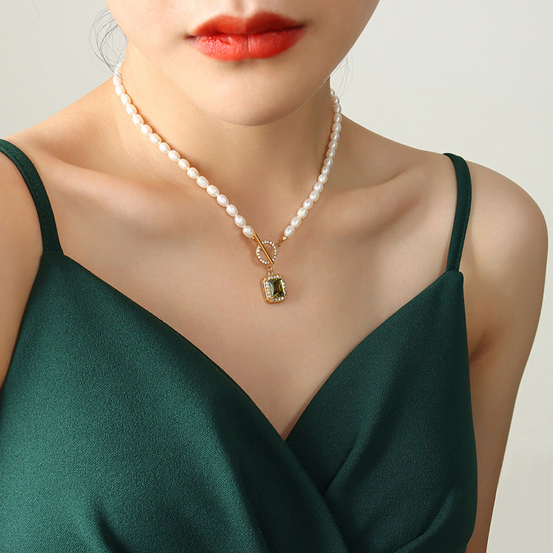 Elegant Freshwater Pearl and Zircon Pendant Necklace with Gold Plated Titanium Steel - Everyday Genie Collection