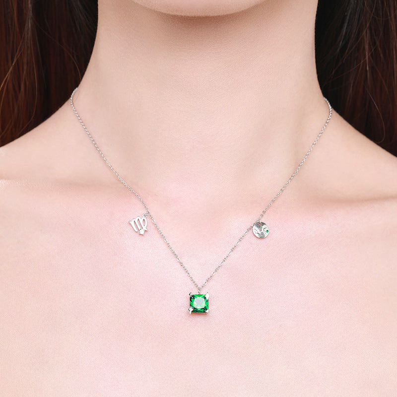 S925 Sterling Silver Green Zircon Necklace with Virgo Clavicle Chain
