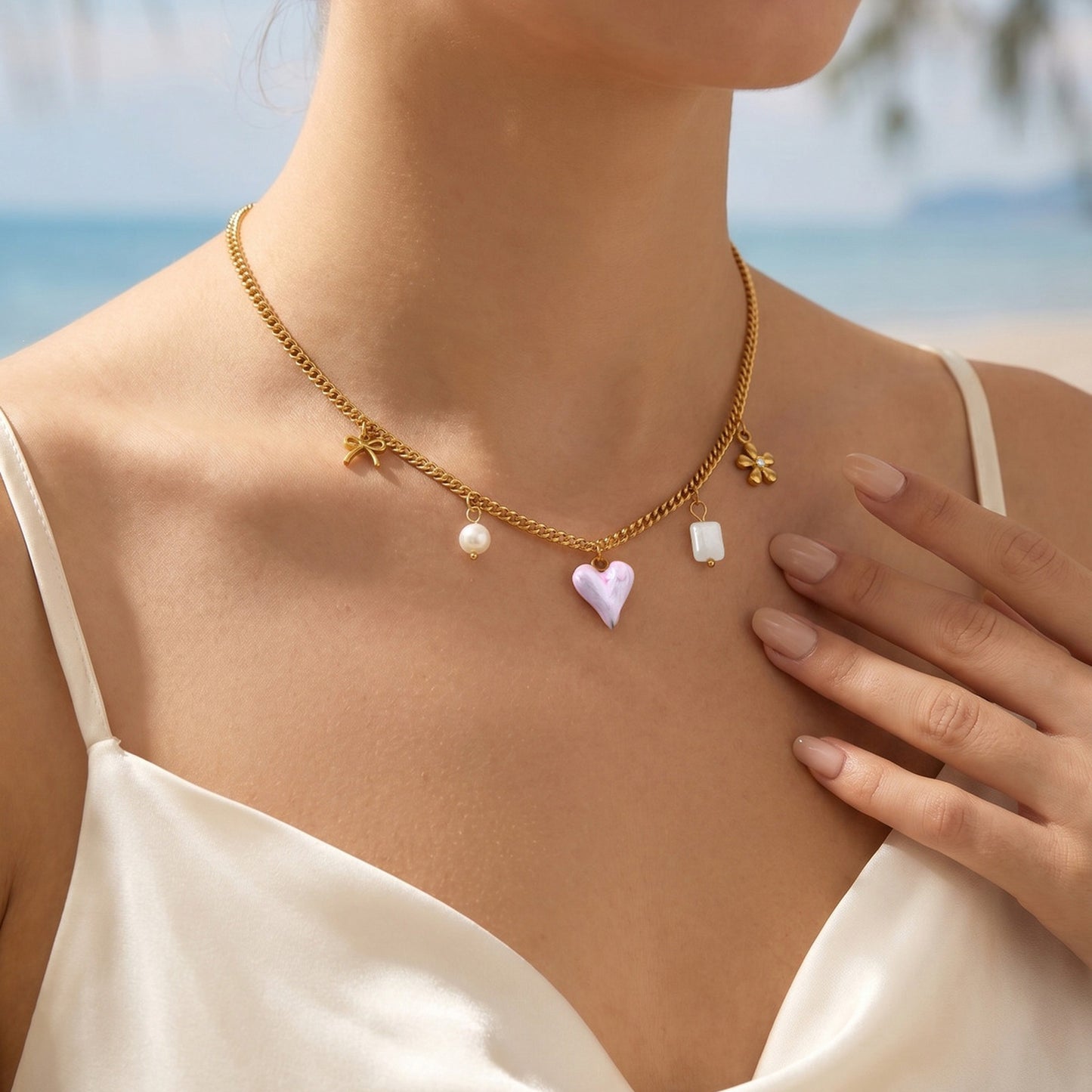 Stainless Steel Women's Heart-Shaped Imitation Pearl White Jade Natural Stone Bow Flower Necklace