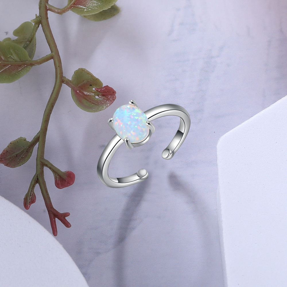 Four Prongs Oval Opal Opening Sterling Silver Ring