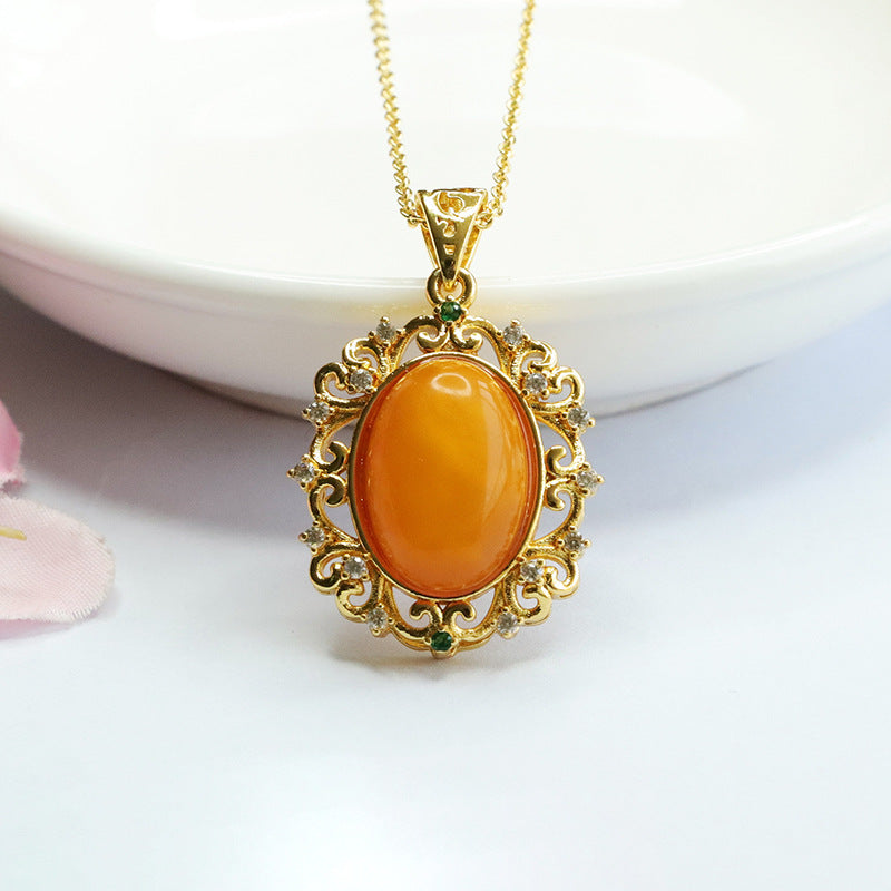 Golden Hollow Amber Pendant with Zircon Necklace crafted from Pigeon Egg Amber Surely a Treasure