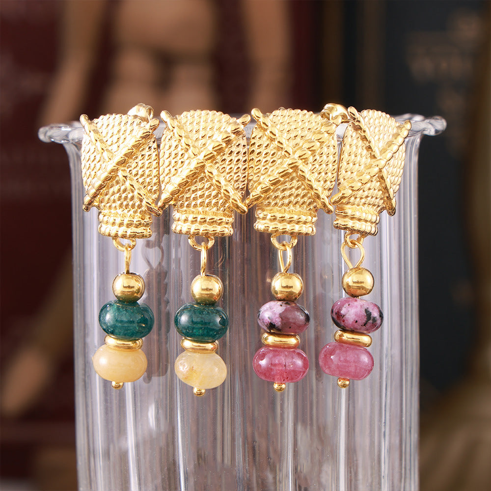 Retro Titanium Steel Gold-Plated Earrings with Natural Stones
