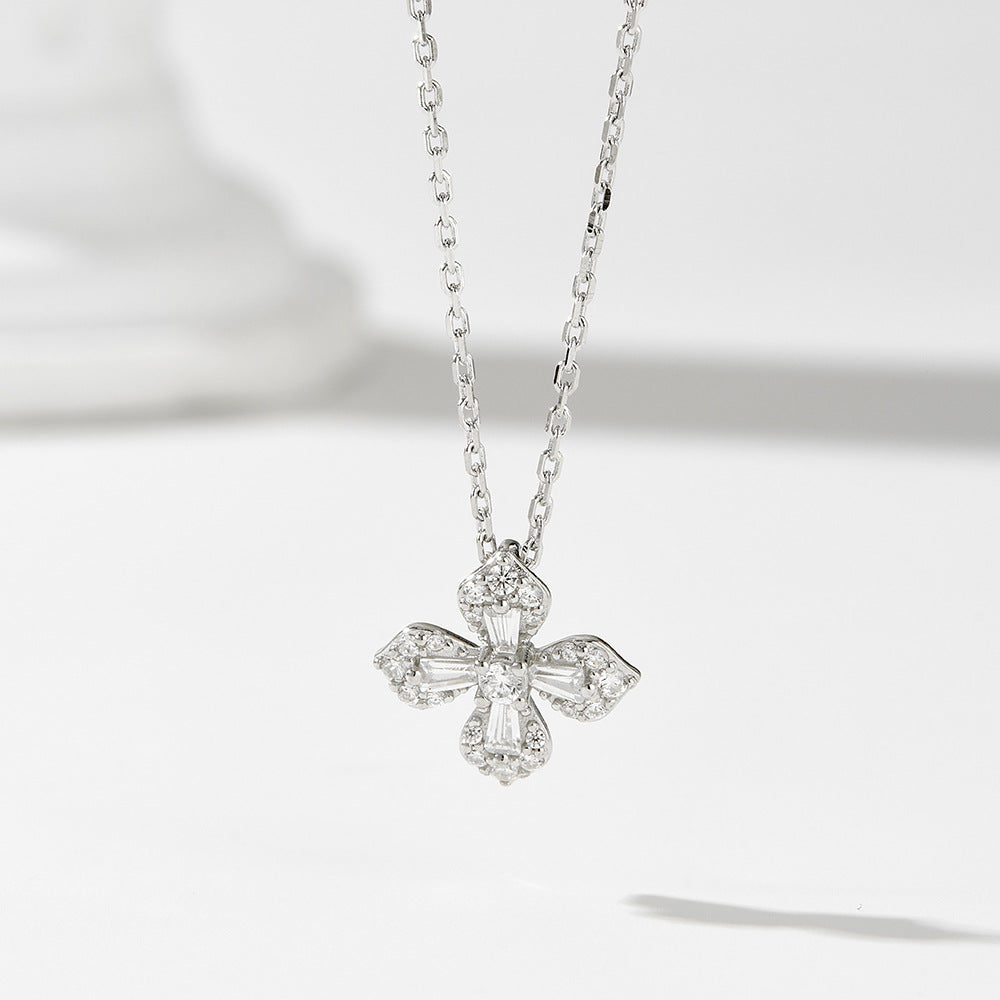 French Micro-Inlaid Zircon Petal Four-Leaf Clover Necklace 925 Sterling Silver And