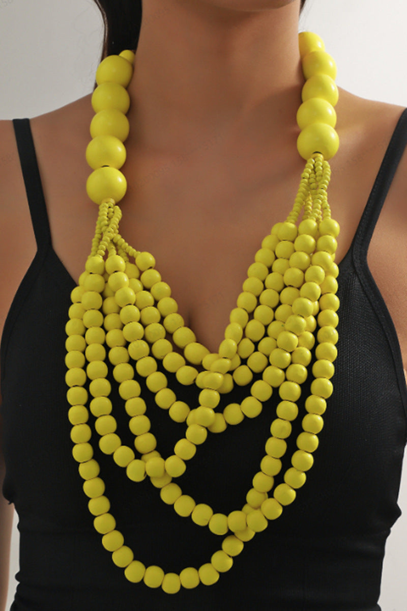 Extravagant Multilayer Wooden Bead Necklace with Black Pendant Women's Statement Jewelry
