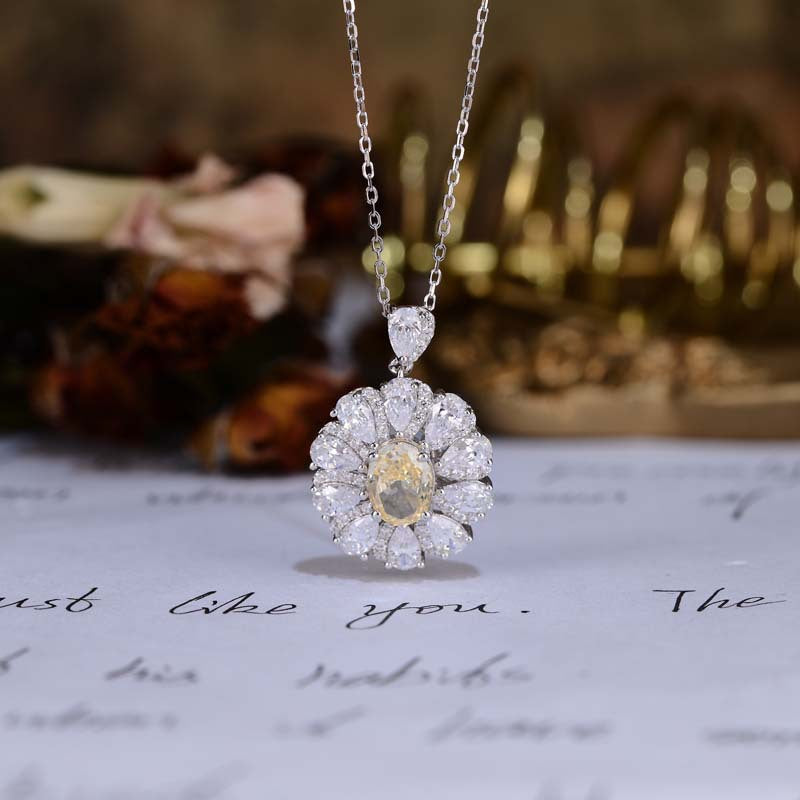 Flower Halo Oval Cut Yellow Zircon Silver Necklace