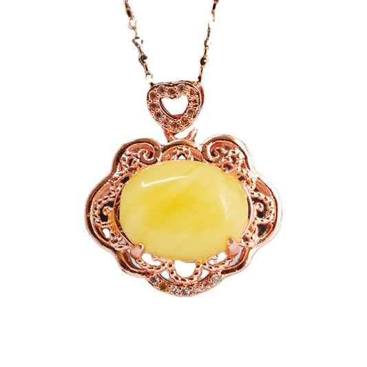 Ruyi Rose Gold Necklace with Sterling Silver Beeswax Amber Pendant