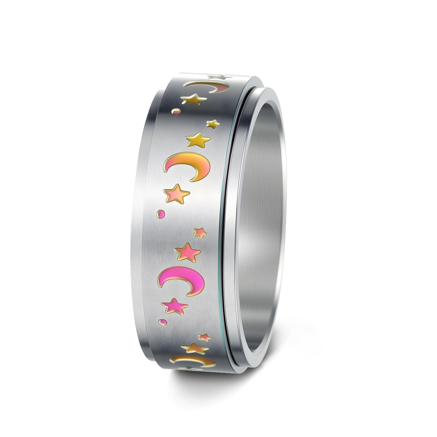 Planderful Everyday Genie 8mm Rotatable Star Moon Stainless Steel Ring For Men Unisex Couples Statement