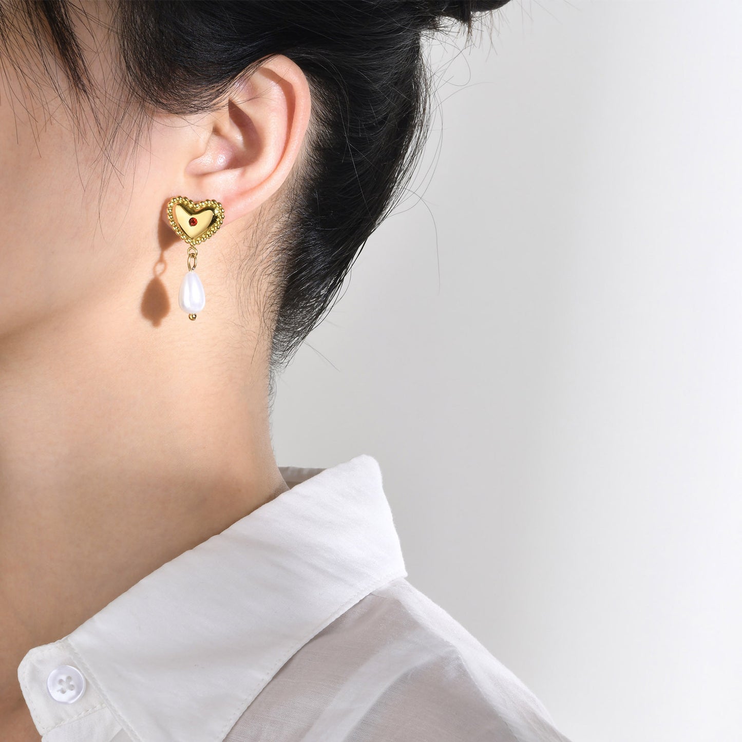 Stainless Steel Love Red Zircon Imitation Pearl Earrings Gold Women's Jewelry Wholesale