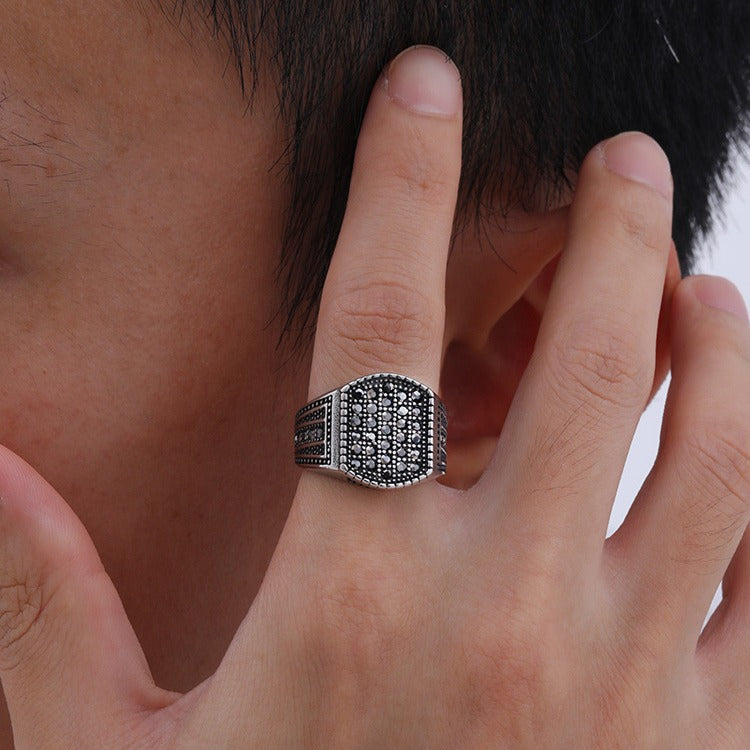 Jewelry Seal Stainless Steel Black Zircon Casting Ring for Men