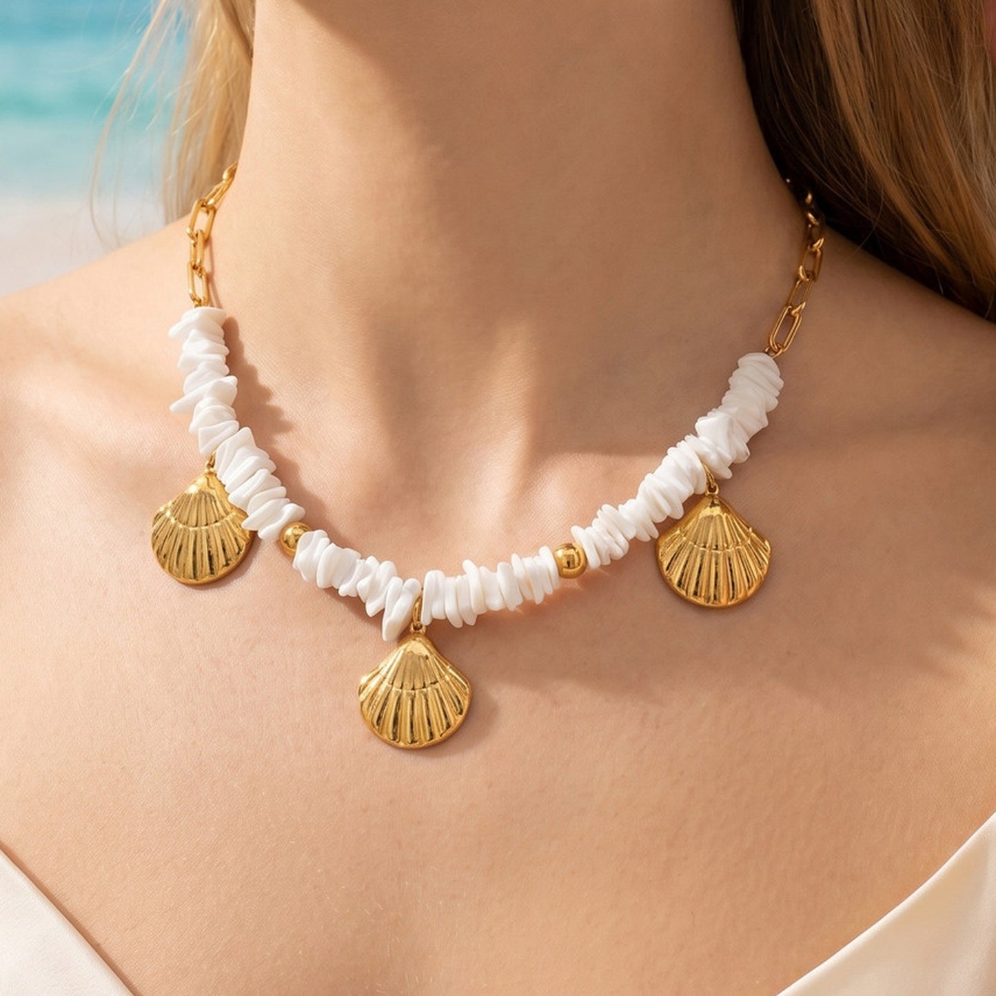 Stainless Steel Irregular Square Metal Shell Marine Series Necklace