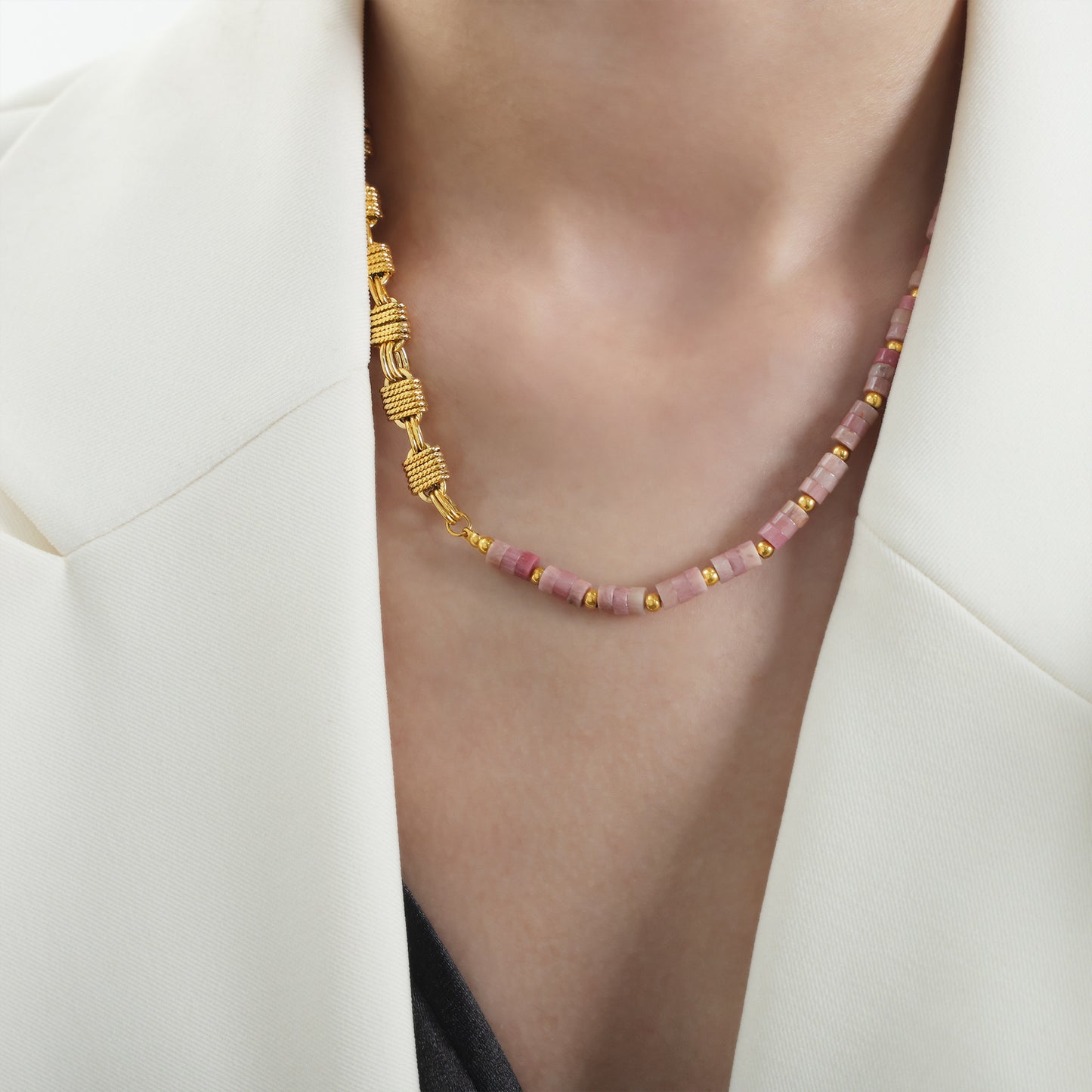 European and American Luxury Jewelry Set with Copper Bracelet and Natural Stone Necklace