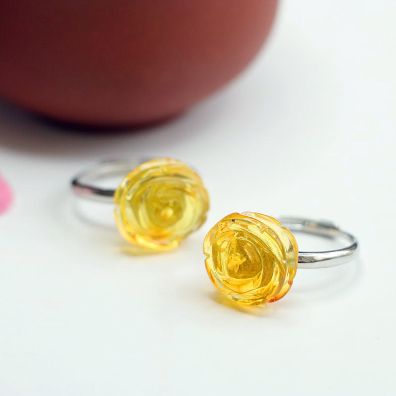 Yellow Amber and Sterling Silver Rose Ring