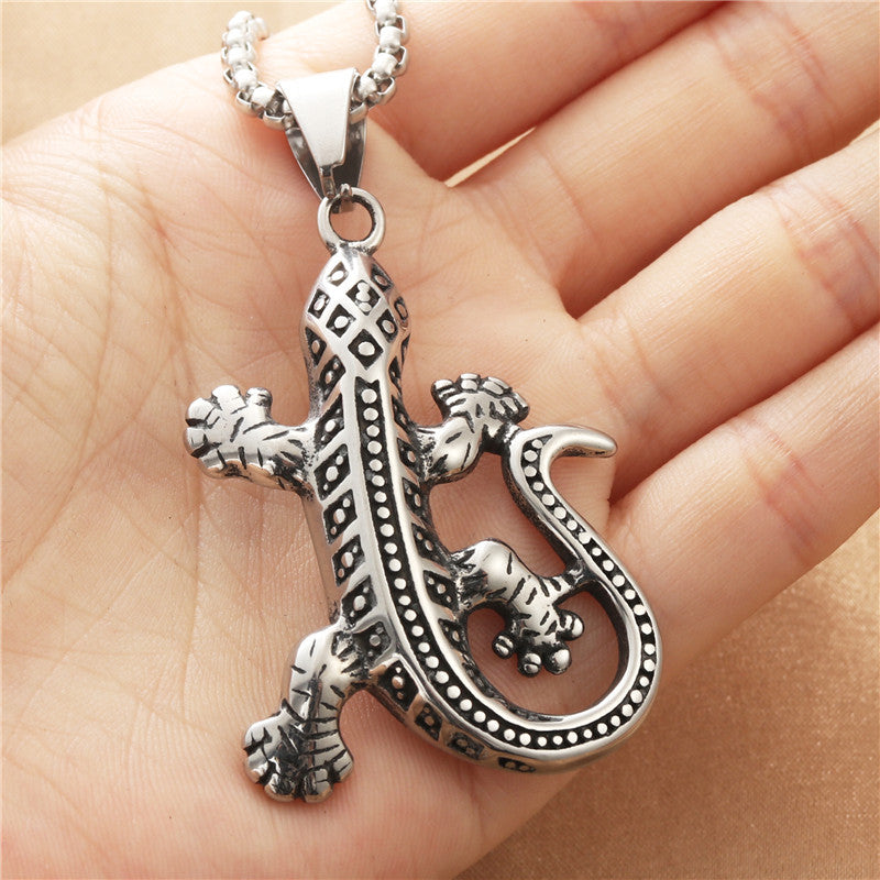 Titanium Steel Gecko Pendant Necklace for Men - Retro Punk Lizard Design