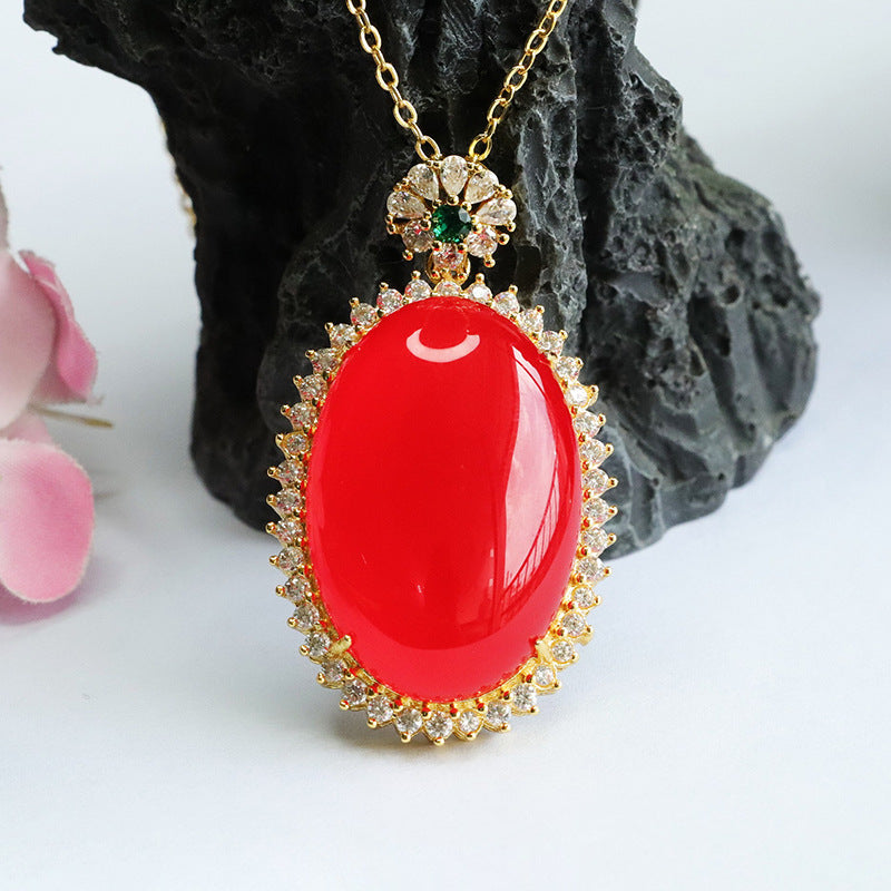 Pigeon Eggs Red Agate Pendant Zircon Halo Necklace